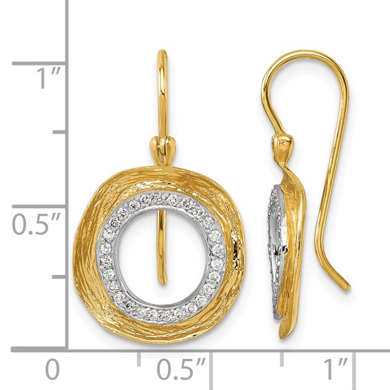 Herco 14K with White Rhodium Polished and Textured Diamond Circle Shephard Hook Dangle Earrings