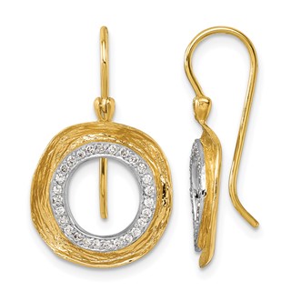 Herco 14K with White Rhodium Polished and Textured Diamond Circle Shephard Hook Dangle Earrings