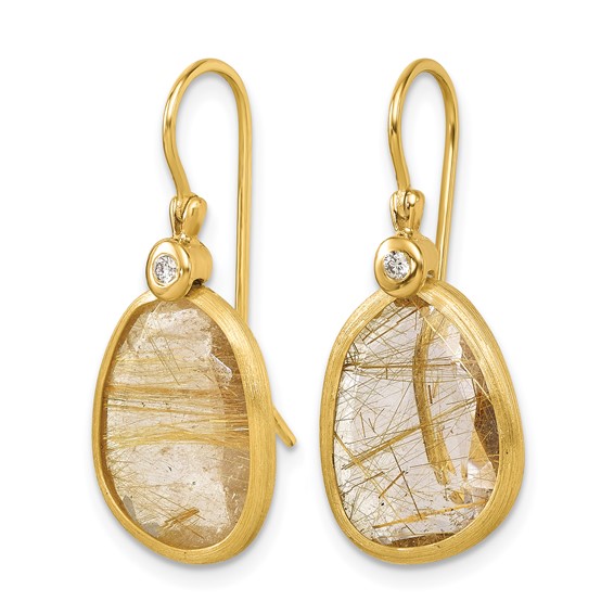 Herco 14K Polished and Satin Fancy Diamond and Rutilated Quartz Shephard Hook Dangle Earrings