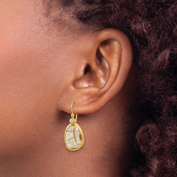 Herco 14K Polished and Satin Fancy Diamond and Rutilated Quartz Shephard Hook Dangle Earrings