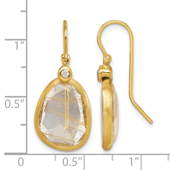 Herco 14K Polished and Satin Fancy Diamond and Rutilated Quartz Shephard Hook Dangle Earrings