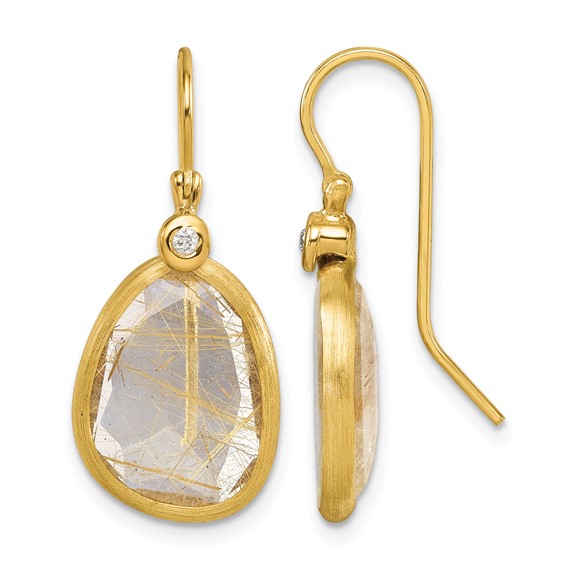 Herco 14K Polished and Satin Fancy Diamond and Rutilated Quartz Shephard Hook Dangle Earrings