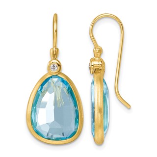 Herco 14K Polished and Satin Fancy Diamond and Blue Topaz Shephard Hook Dangle Earrings