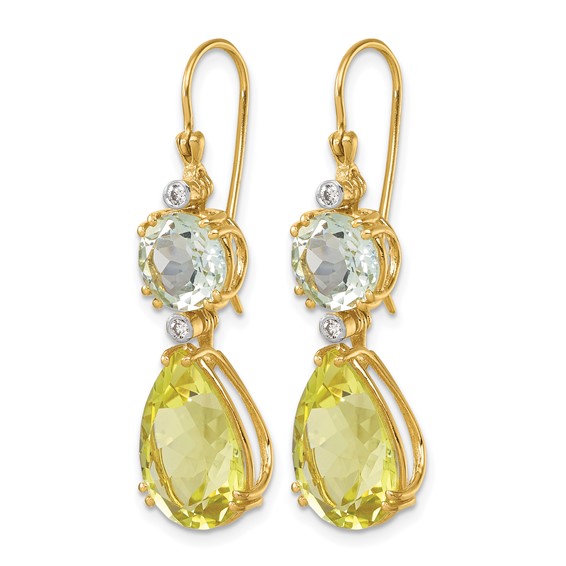 Herco 14K Polished with White Rhodium Polished Fancy Diamond with Green and Lemon Quartz Shephard Hook Dangle Earrings