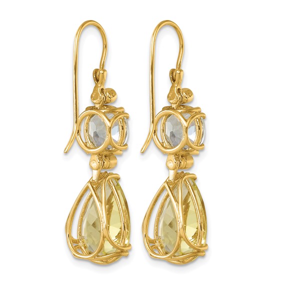 Herco 14K Polished with White Rhodium Polished Fancy Diamond with Green and Lemon Quartz Shephard Hook Dangle Earrings