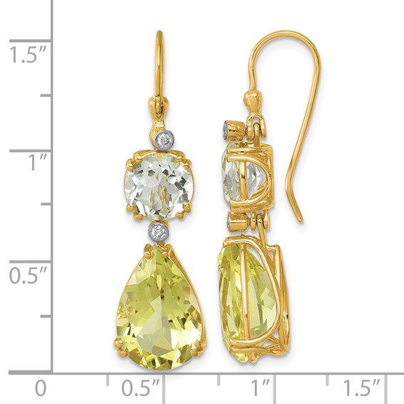 Herco 14K Polished with White Rhodium Polished Fancy Diamond with Green and Lemon Quartz Shephard Hook Dangle Earrings