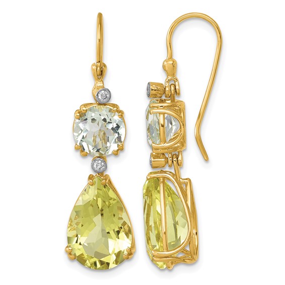 Herco 14K Polished with White Rhodium Polished Fancy Diamond with Green and Lemon Quartz Shephard Hook Dangle Earrings