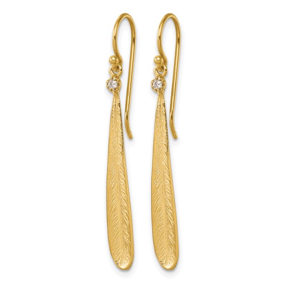 Herco 14K Brushed and Textured Diamond Leaf Shephard Hook Dangle Earrings