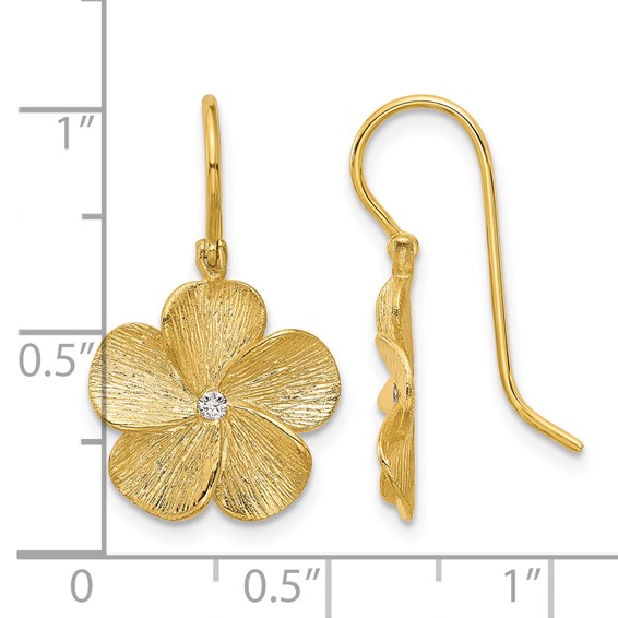 Herco 14K Brushed Diamond Flower Shephard Hook Dangle Earrings