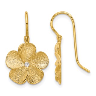 Herco 14K Brushed Diamond Flower Shephard Hook Dangle Earrings