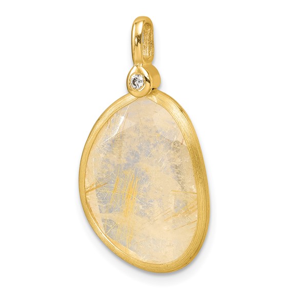 Herco 14K Polished and Satin Diamond and Rutilated Quartz Pendant