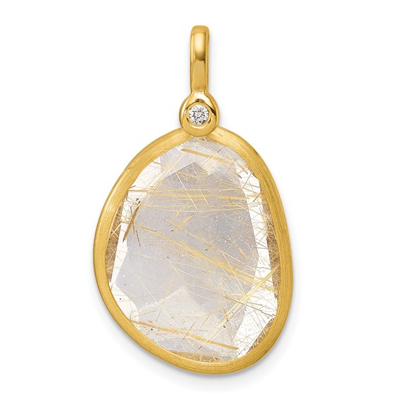 Herco 14K Polished and Satin Diamond and Rutilated Quartz Pendant