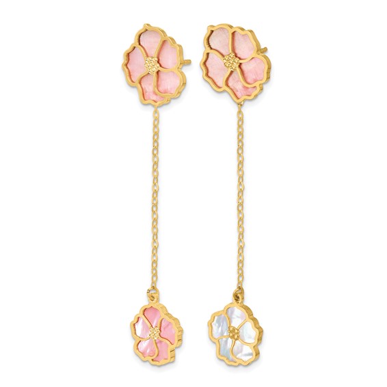 Herco 14K Polished and Beaded Reversible Pink and White Mother of Pearl Flowers Post Dangle Earrings