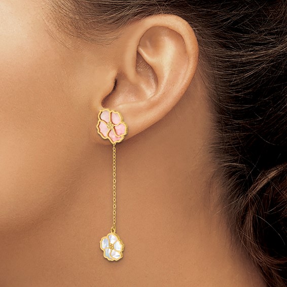 Herco 14K Polished and Beaded Reversible Pink and White Mother of Pearl Flowers Post Dangle Earrings