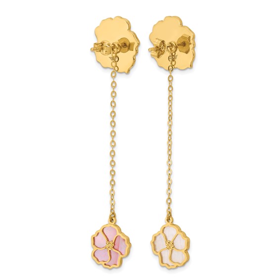 Herco 14K Polished and Beaded Reversible Pink and White Mother of Pearl Flowers Post Dangle Earrings