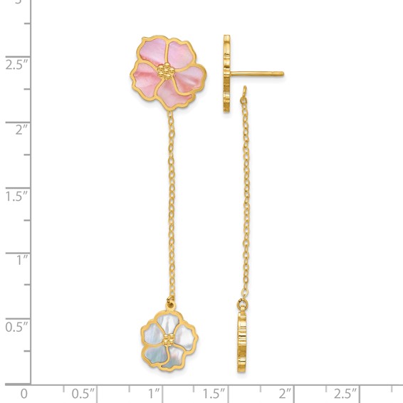 Herco 14K Polished and Beaded Reversible Pink and White Mother of Pearl Flowers Post Dangle Earrings