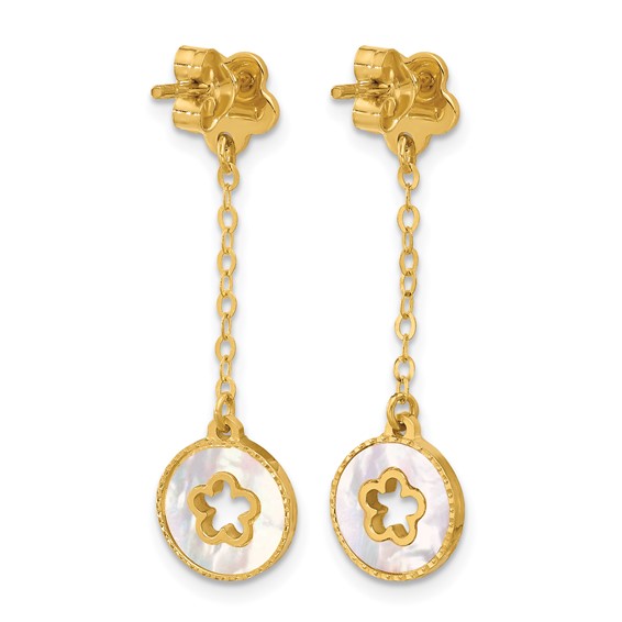 Herco 14K Polished and Beaded Pink and White Mother of Pearl Flowers Post Dangle Earrings