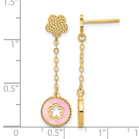 Herco 14K Polished and Beaded Pink and White Mother of Pearl Flowers Post Dangle Earrings