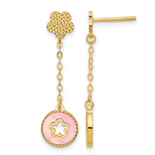 Herco 14K Polished and Beaded Pink and White Mother of Pearl Flowers Post Dangle Earrings