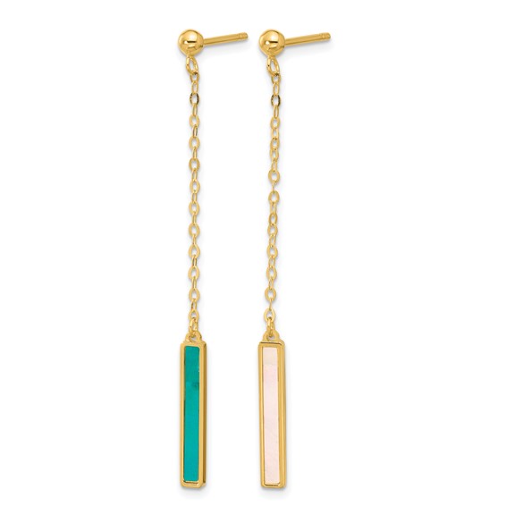 Herco 14K Polished Teal and White Mother of Pearl Bar Post Dangle Earrings