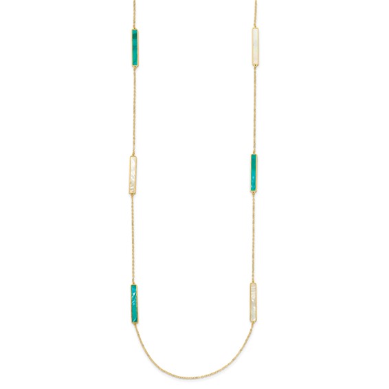 Herco 14K Polished Teal/White Mother of Pearl Reversible 30mm Bar 34 Inch Necklace