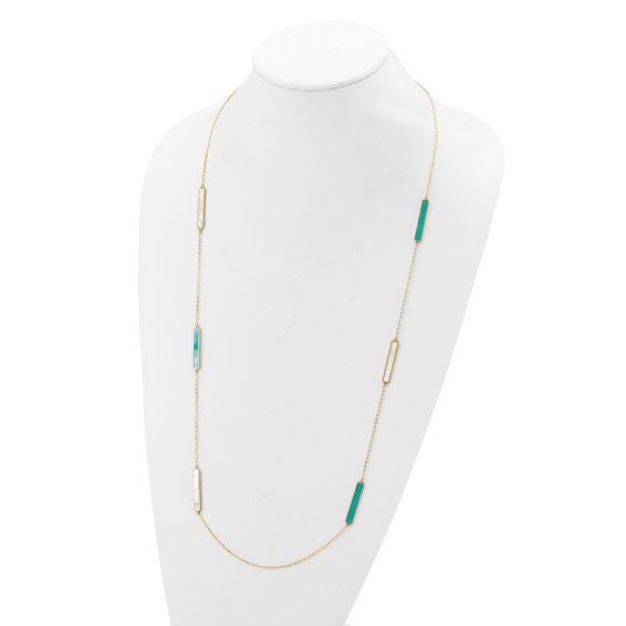 Herco 14K Polished Teal/White Mother of Pearl Reversible 30mm Bar 34 Inch Necklace