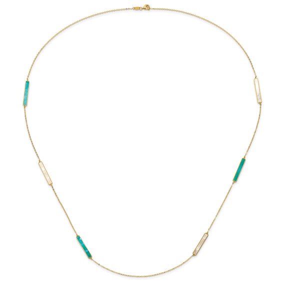 Herco 14K Polished Teal/White Mother of Pearl Reversible 30mm Bar 34 Inch Necklace