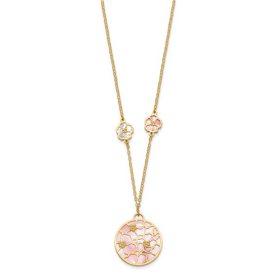 Herco 14K Polished Pink & White Mother of Pearl Floral 18 Inch with 1 Inch Extension Necklace