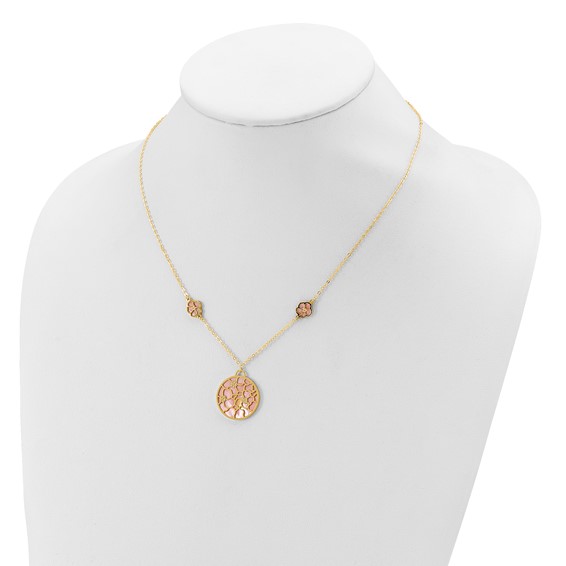 Herco 14K Polished Pink & White Mother of Pearl Floral 18 Inch with 1 Inch Extension Necklace