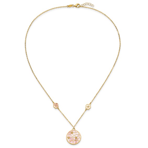 Herco 14K Polished Pink & White Mother of Pearl Floral 18 Inch with 1 Inch Extension Necklace