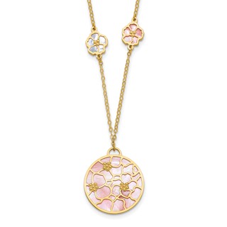Herco 14K Polished Pink & White Mother of Pearl Floral 18 Inch with 1 Inch Extension Necklace