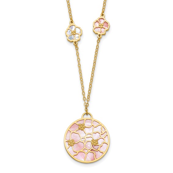 Herco 14K Polished Pink & White Mother of Pearl Floral 18 Inch with 1 Inch Extension Necklace