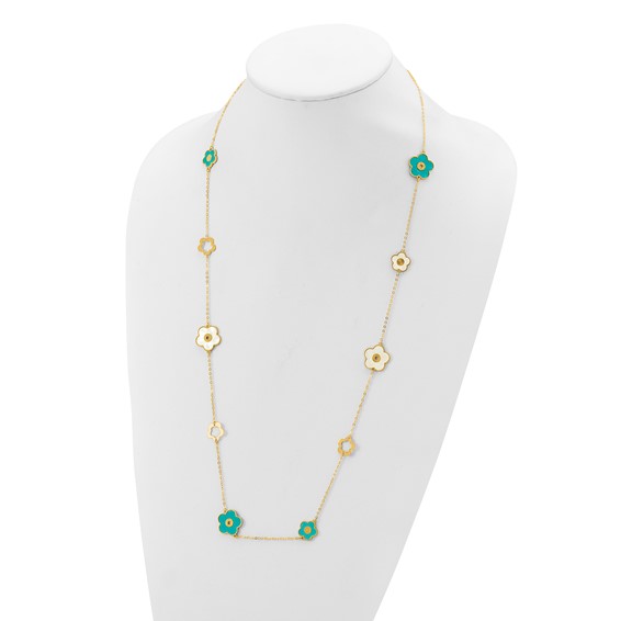 Herco 14K Polished Teal and White Mother of Pearl Reversible Flower 30 Inch Necklace