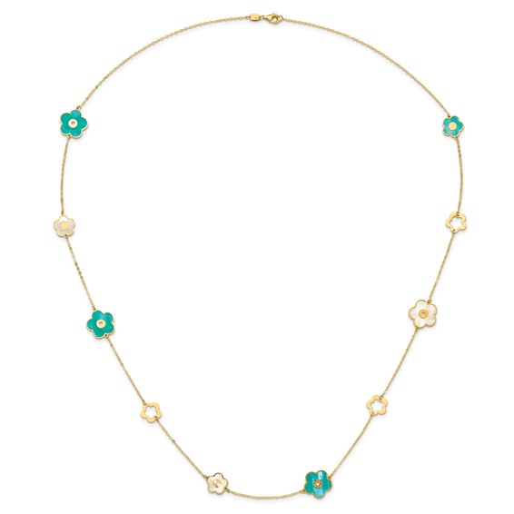 Herco 14K Polished Teal and White Mother of Pearl Reversible Flower 30 Inch Necklace