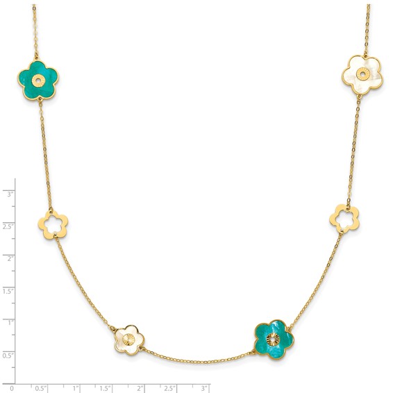 Herco 14K Polished Teal and White Mother of Pearl Reversible Flower 30 Inch Necklace