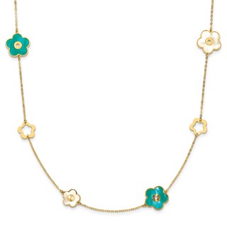 Herco 14K Polished Teal and White Mother of Pearl Reversible Flower 30 Inch Necklace
