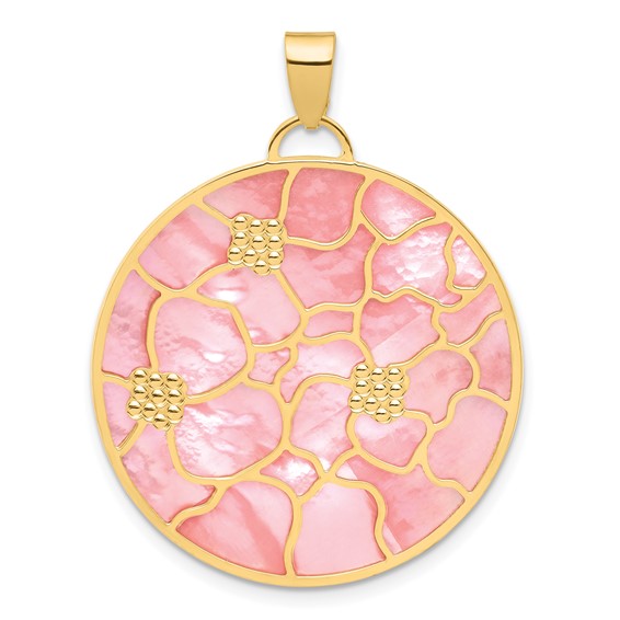 Herco 14K Polished and Beaded Reversible Pink and White Mother of Pearl Floral Circle Pendant