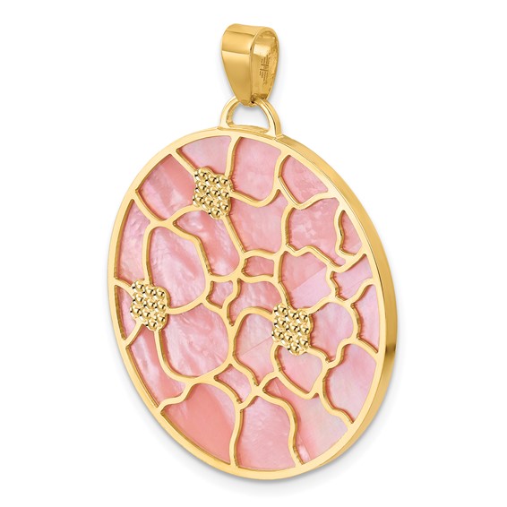 Herco 14K Polished and Beaded Reversible Pink and White Mother of Pearl Floral Circle Pendant