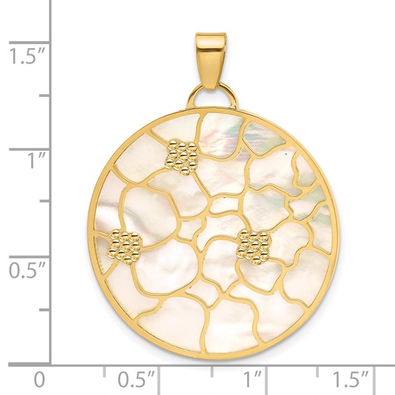 Herco 14K Polished and Beaded Reversible Pink and White Mother of Pearl Floral Circle Pendant