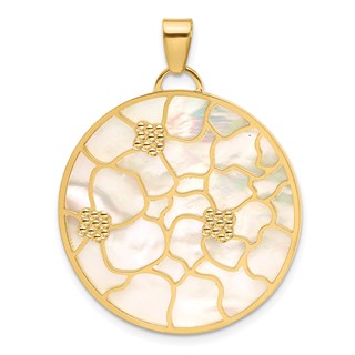 Herco 14K Polished and Beaded Reversible Pink and White Mother of Pearl Floral Circle Pendant