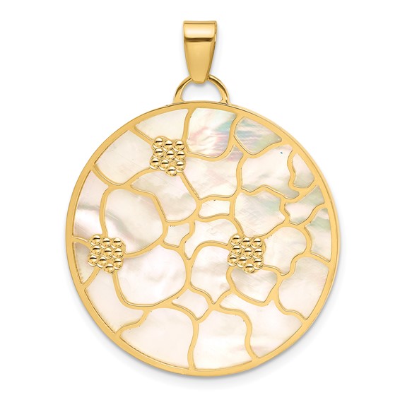 Herco 14K Polished and Beaded Reversible Pink and White Mother of Pearl Floral Circle Pendant