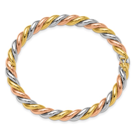 Herco 14K Tri-Color Gold Polished and Twisted 6.3mm Hinged Bangle