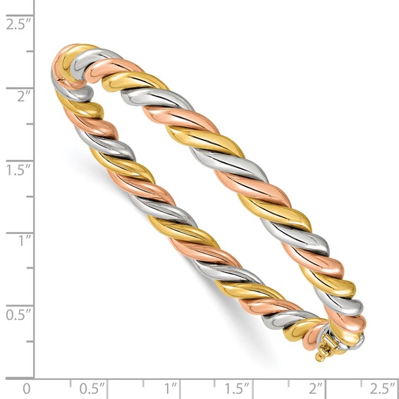 Herco 14K Tri-Color Gold Polished and Twisted 6.3mm Hinged Bangle