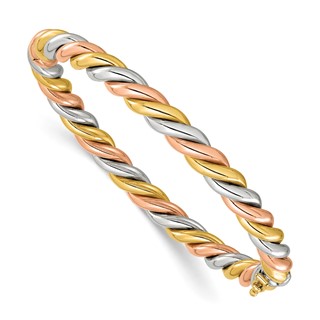 Herco 14K Tri-Color Gold Polished and Twisted 6.3mm Hinged Bangle