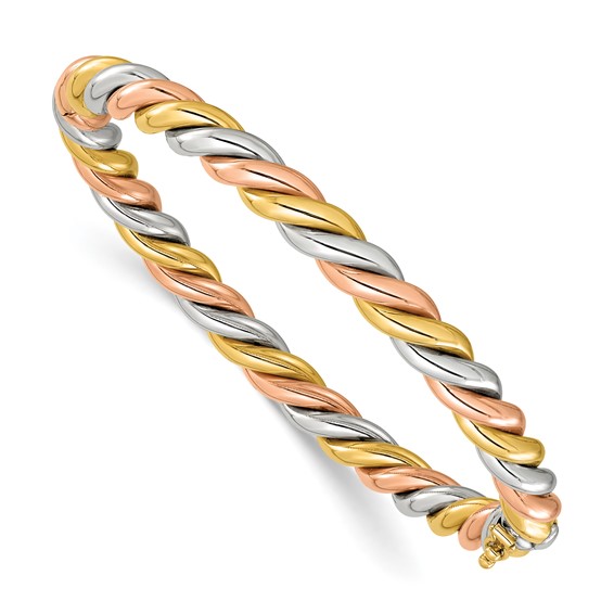 Herco 14K Tri-Color Gold Polished and Twisted 6.3mm Hinged Bangle