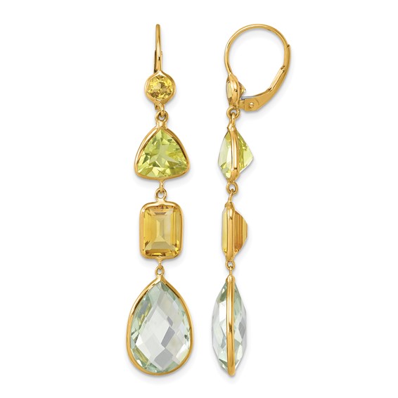 Herco 14K Polished Fancy Citrine Lemon Quartz and Green Quartz Leverback Dangle Earrings