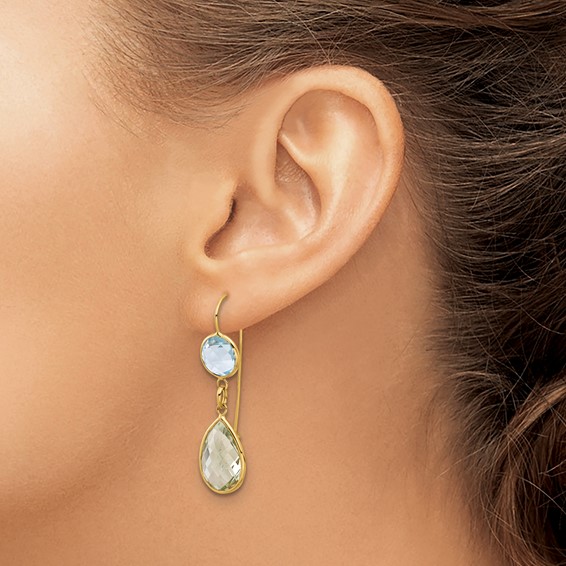 Herco 14K Polished Blue Topaz and Green Quartz Leverback Dangle Earrings