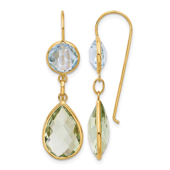 Herco 14K Polished Blue Topaz and Green Quartz Leverback Dangle Earrings