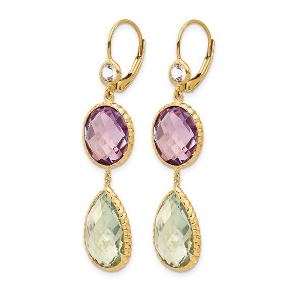 Herco 14K Polished and Textured Fancy White Topaz with Pink and Green Quartz Leverback Dangle Earrings