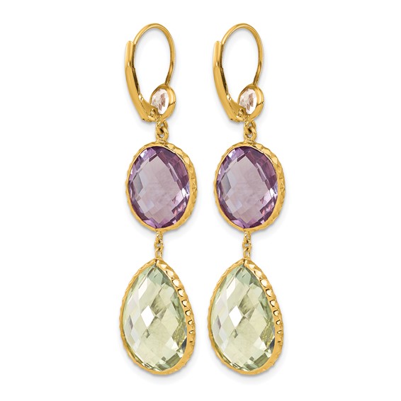 Herco 14K Polished and Textured Fancy White Topaz with Pink and Green Quartz Leverback Dangle Earrings